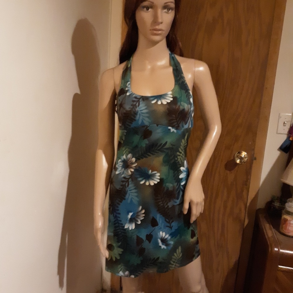 Vibrant Blue & Brown Floral Halter Dress Sz S
